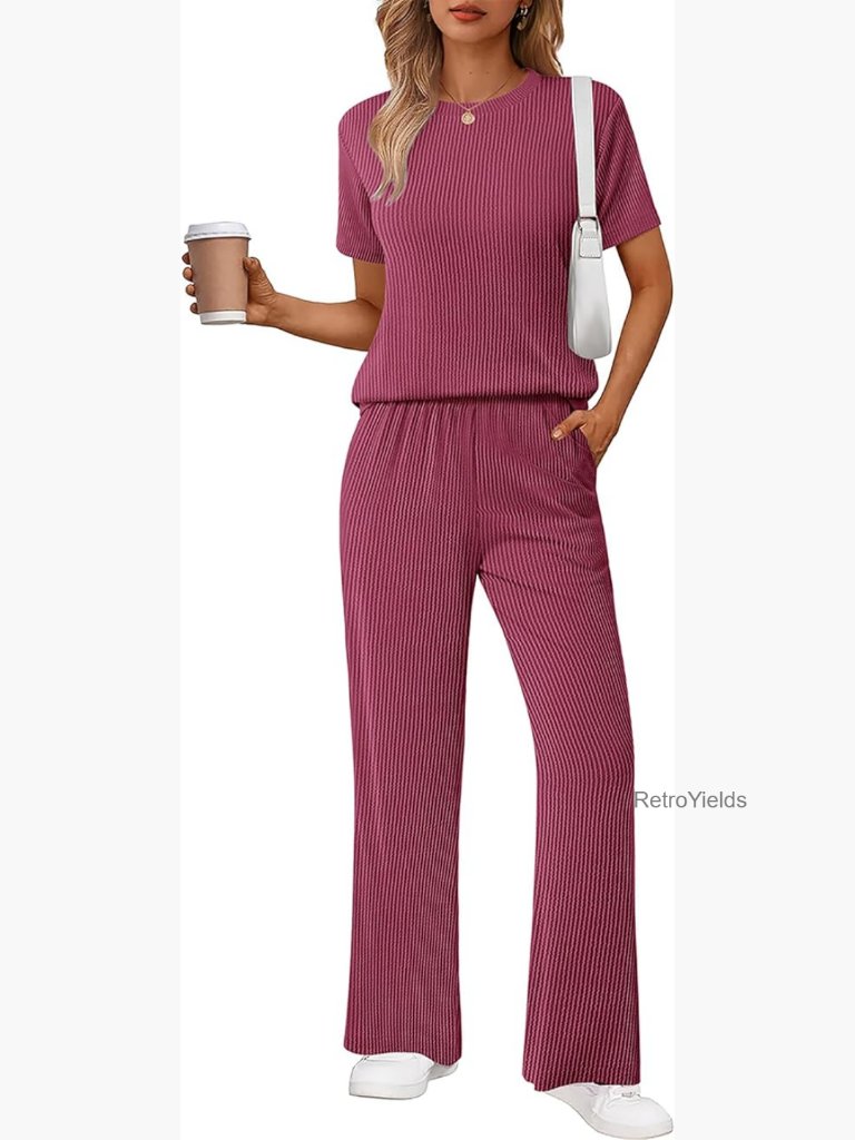 Lounge Set 2 Piece Matching Travel Outfits Loose Short Sleeve Top Wide Leg